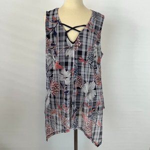 Espresso Blue Floral Plaid Tank Top Shirt Blouse ((size Large))